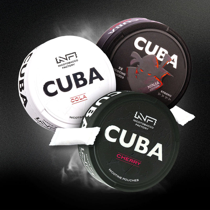 Packaging of Cuba nicotine pouches featuring Cherry, Cola, and Strong flavours, highlighted with bold designs and 25 pouches per can.