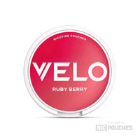 VELO Ruby Berry nicotine pouches tin with bold branding and berry flavor description.