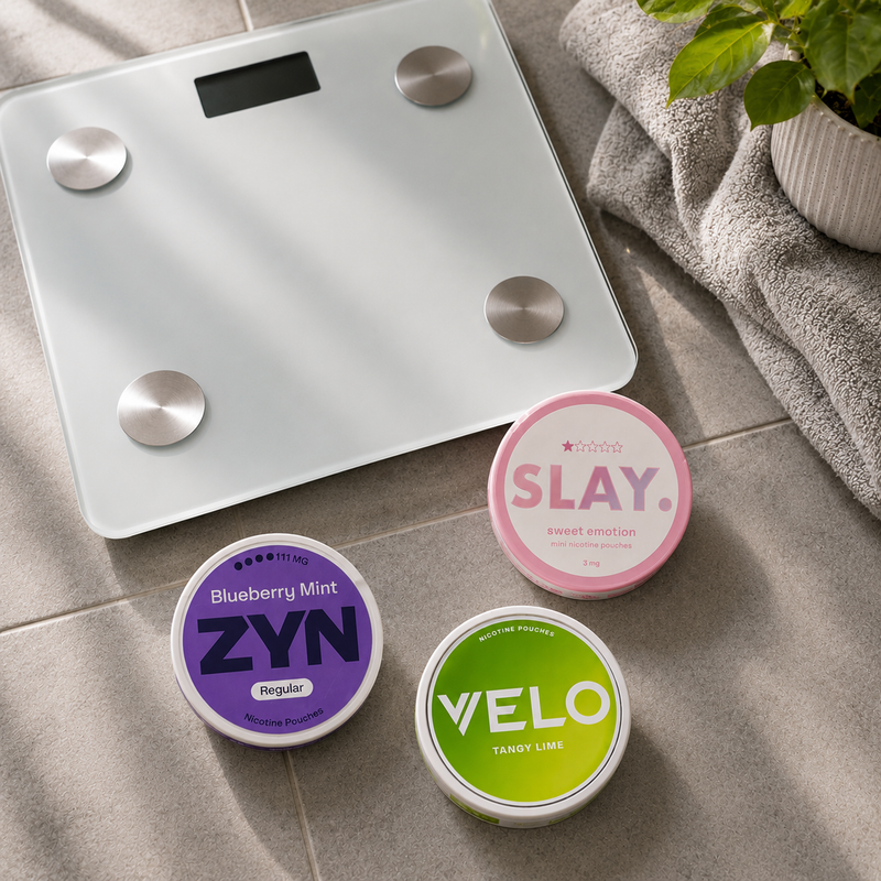 Bathroom scales on a tiled floor alongside a plant and towel with Slay, ZYN and VELO nicotine pouch cans resting in front of the scales.