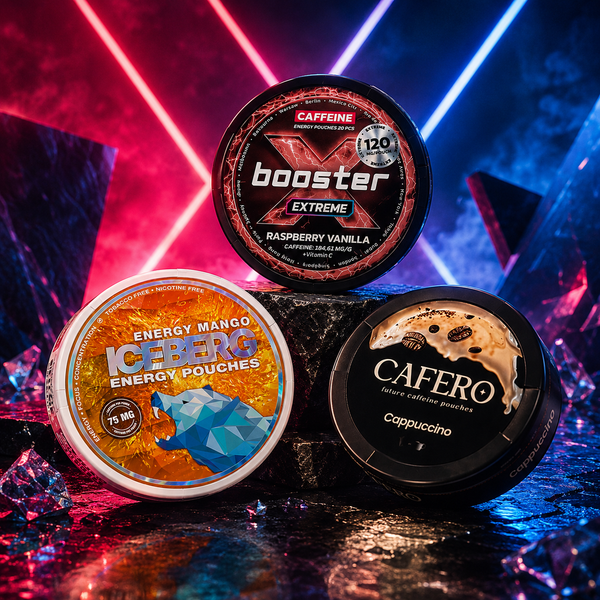 X-Booster, Cafero and Iceberg caffeine pouches arranged in a neon it environment. 