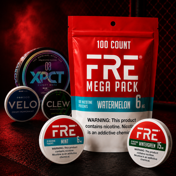 FRE nicotine pouches in regular sized cans and a large 100 mega pack in a black and red setting. VELO, CLEW and XPCT UK alternatives are in the background of the image. 