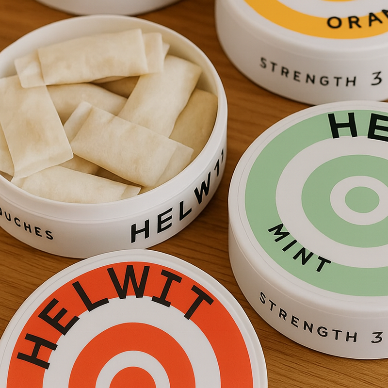 Discover Helwit Nicotine Pouches: An Exciting New Swedish Arrival - Mint and Orange varieties displayed in open tins.