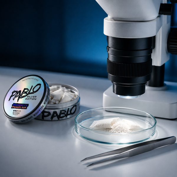 A can of Pablo Silver Blueberry Peach Ice nicotine pouches sits on a lab bench beside a petri dish containing a single opened pouch, with a stereo microscope examining the contents under clinical lighting.
