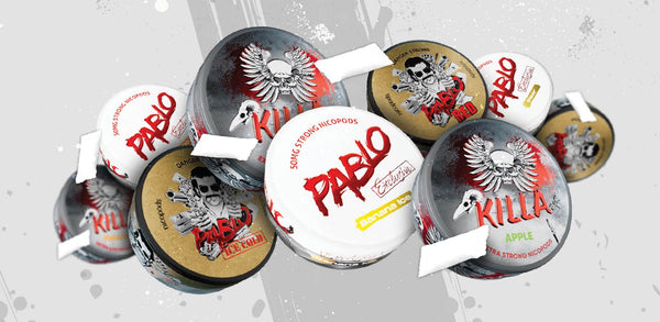 Various brands of nicotine pouches including Pablo and Killa shown in different flavors.