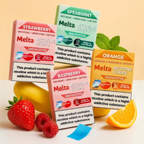 Melta Nicotine Strips Explained: A New Way To Experience Nicotine with assorted flavors on a colorful display.