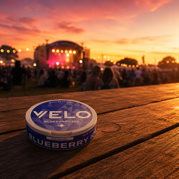 A VELO Blueberry Ice nicotine pouches can on a wooden table at a UK festival, crowd silhouettes and stage lights at sunset.