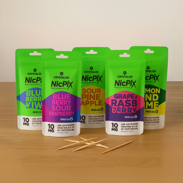 Nicotine Toothpicks Have Landed: Meet The Discreet Flavoured Toothpicks From Nicpix! displayed in five different flavors on a table.