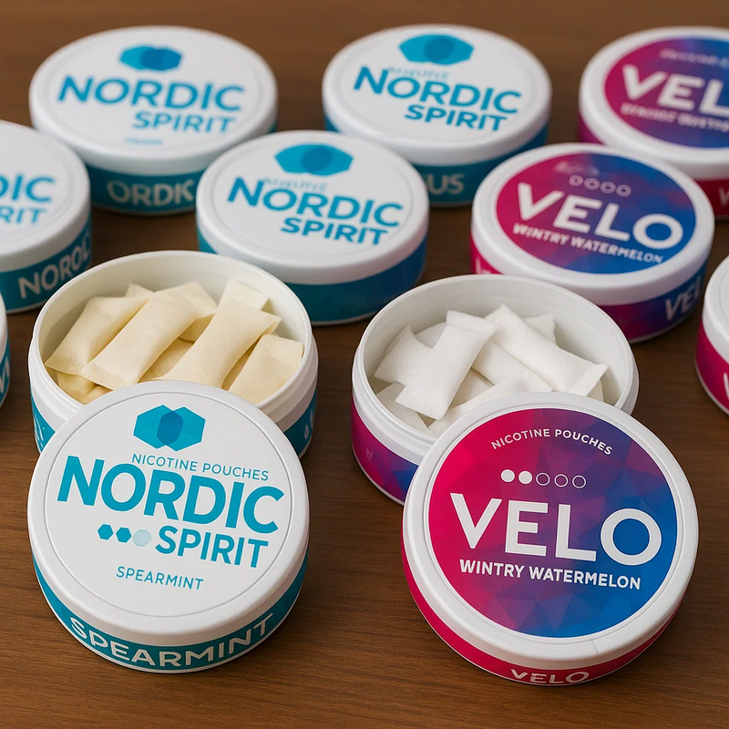 VELO vs Nordic Spirit: Deciding Which Nicotine Pouch Brand Is Your Perfect Fit, showcasing both brands' pouches on a table.