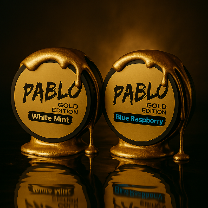 Pablo Gold Edition featuring White Mint and Blue Raspberry flavors with gold-themed packaging. Premium quality and elegant design.