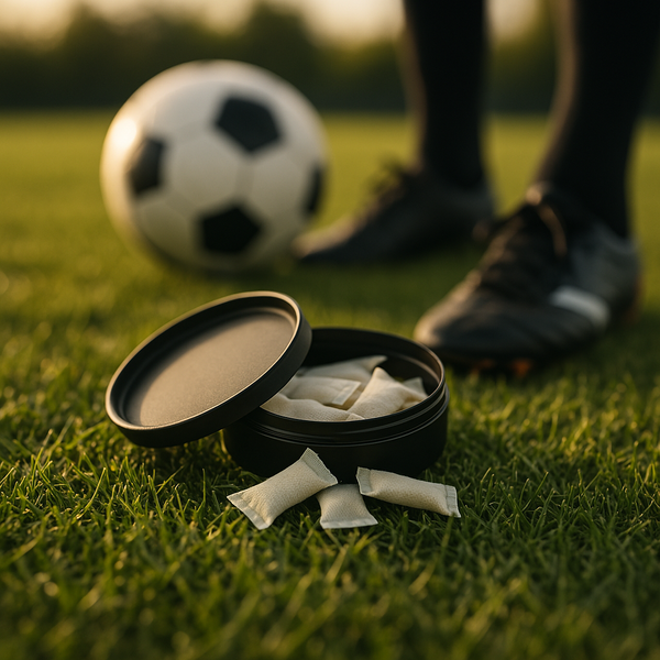 Snus tin and soccer ball on grass, exploring the connection between snus use and sports performance on the field.