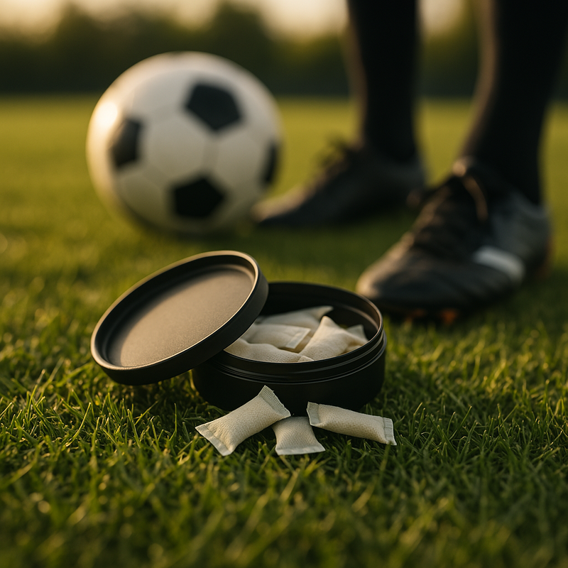 Snus tin and soccer ball on grass, exploring the connection between snus use and sports performance on the field.
