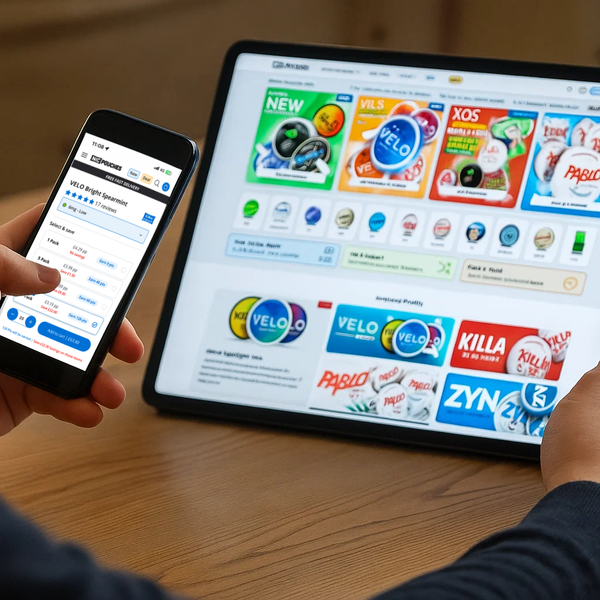 Online store for nicotine pouches in the UK displayed on phone and tablet, showcasing where is The BEST Place To Buy Nicotine Pouches In The UK.