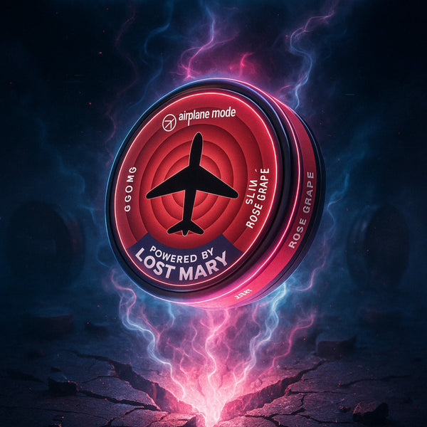 Lost Mary nicotine pouch with rose grape flavor and airplane mode design on a vibrant, colorful background.