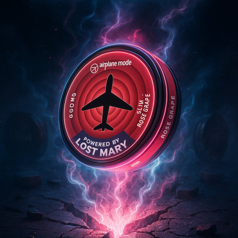 Lost Mary nicotine pouch with rose grape flavor and airplane mode design on a vibrant, colorful background.