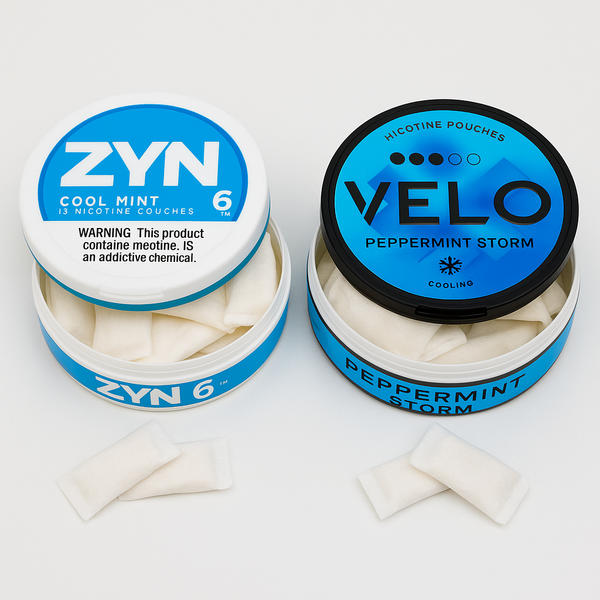 Packaging of VELO and ZYN nicotine pouches showcasing flavors for article VELO vs ZYN: Which Top Nicotine Pouch Brand Is Right for You?