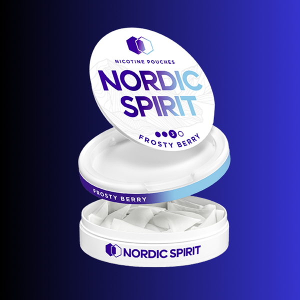 Nordic Spirit Frosty Berry nicotine pouches canister showing open lid and pouches inside on blue gradient background.