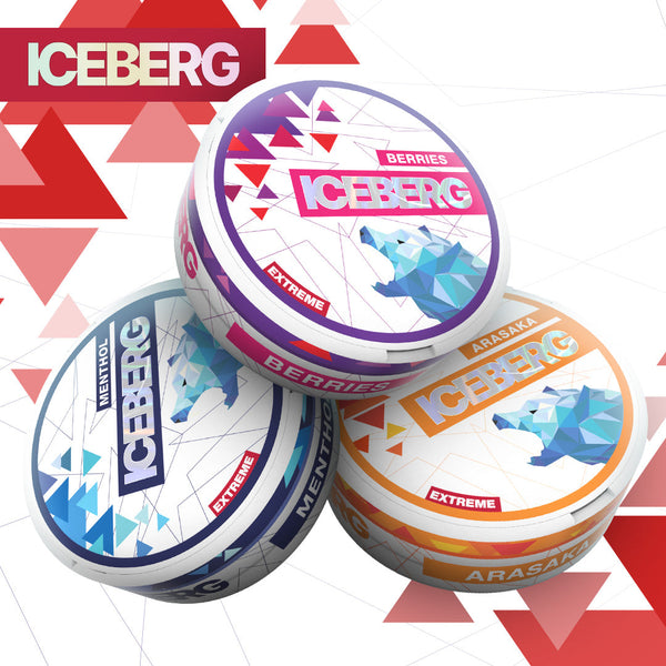 Iceberg snus range featuring Berries, Arasaka, and Menthol flavors in colorful tins with geometric design.