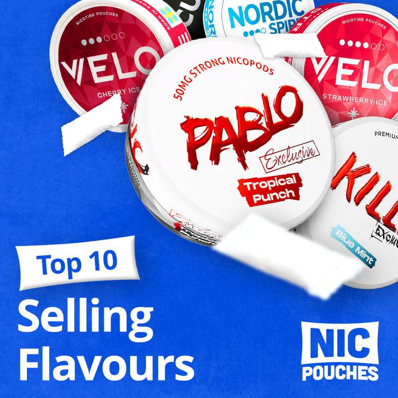 Top 10 selling nicotine pouch flavors featuring Velo, Pablo, and Nordic Spirit on blue background.