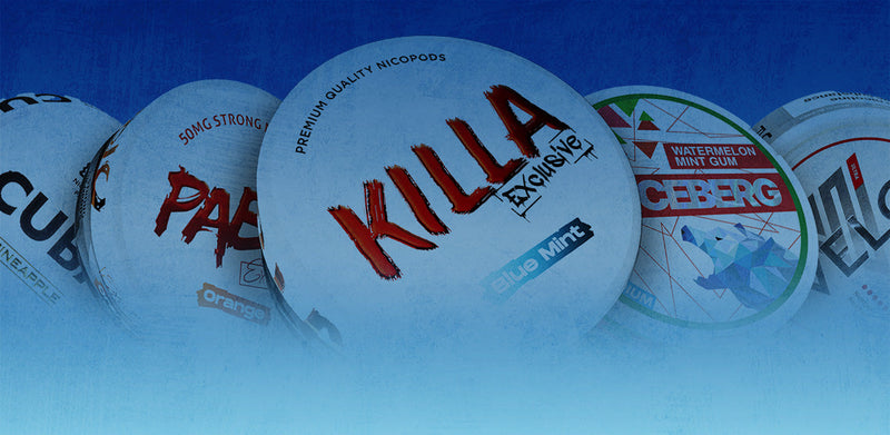 Nicotine pouches from various trusted brands for 2024, including Killa and Iceberg, displayed against a blue gradient background.