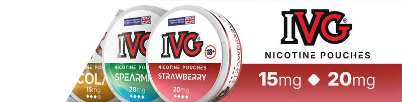 Hero banner showcasing IVG nicotine pouches in 15mg and 20mg strengths, featuring Blue, Cola, Pearmint, and Strawberry flavours in vibrant packaging.
