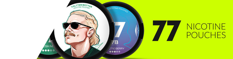 77 Nicotine Pouches brand packaging with vibrant design and bold logo, highlighting smoke-free and discreet use.