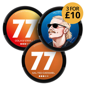 77 Mixed Flavours 10.4mg (3-Pack) featuring Cola & Vanilla, Salted Caramel, Arctic Mint pouches