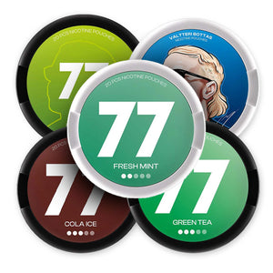 77 Flavour Fusion Variety Bundle (20-Pack) showcasing Green Tea, Fresh Mint, Bergamot, Cola Ice, and Arctic Berry nicotine pouches.