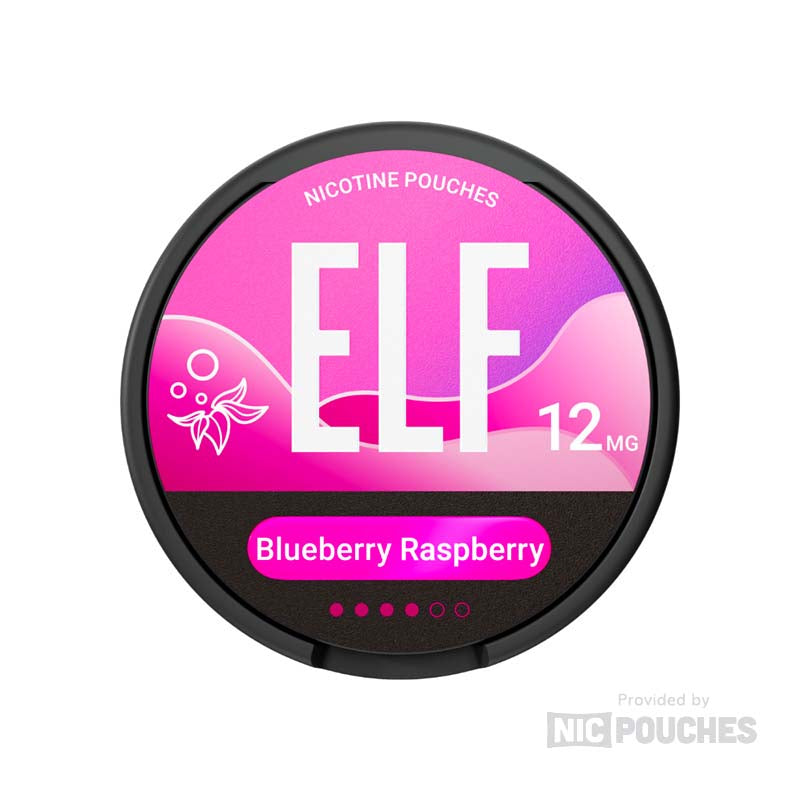 ELF Blueberry Raspberry nicotine pouch 12mg with fruit flavor profile of blueberry and raspberry.