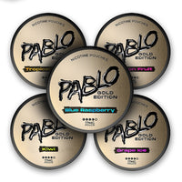 Pablo Gold Edition Tulua Exclusive Bundle (10-Pack) featuring Blue Raspberry, Grape Ice, Kiwi, Passion Fruit, and Tropical Punch pouches.