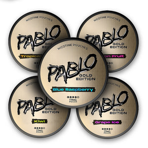 Pablo Gold Edition Tulua Exclusive Bundle (10-Pack) featuring Blue Raspberry, Grape Ice, Kiwi, Passion Fruit, and Tropical Punch pouches.