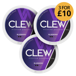 Clew Blueberry 10mg (3-Pack) nicotine pouches bundle offer with purple packaging and special price tag