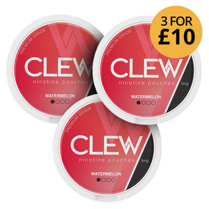 Clew Watermelon 10mg (3-Pack) nicotine pouches, premium grade, three for £10 offer, red packaging.
