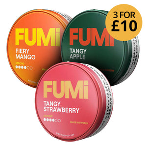 FUMI Mixed Flavours (3-Pack) featuring Tangy Strawberry, Tangy Apple, and Fiery Mango Nicotine Pouches.