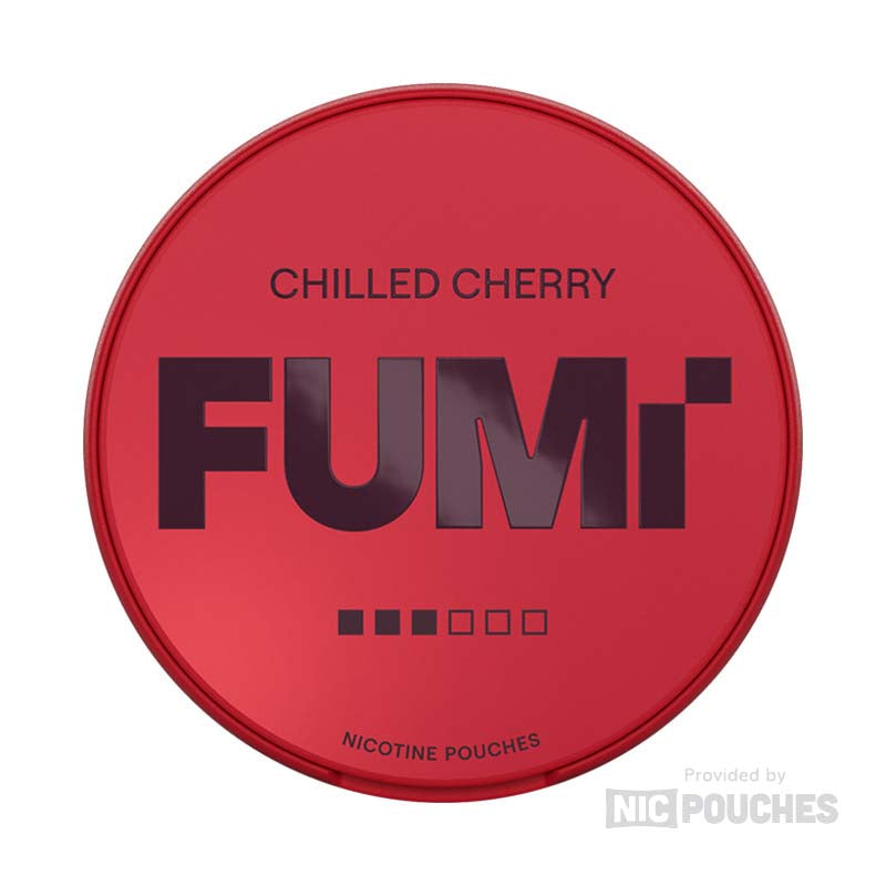 FUMI Chilled Cherry nicotine pouches tin featuring bold red design and flavor details.