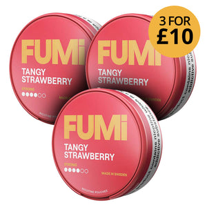 FUMI Tangy Strawberry 8mg (3-Pack) nicotine pouches bundle with promotional offer.
