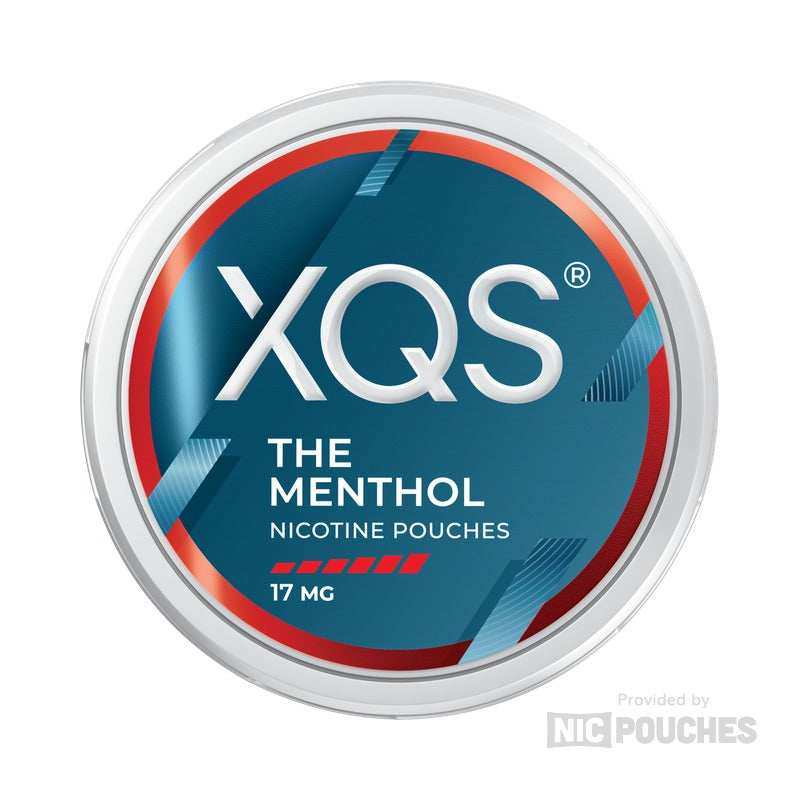 XQS Menthol nicotine pouches with a strength of 11mg featuring a blue design and menthol flavor.
