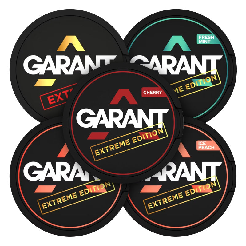 Garant Ultimate Bundle (5-Pack) featuring Cherry, Fresh Mint, and Ice Peach nicotine pouches in Extreme Edition design.