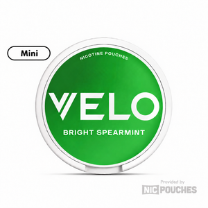VELO Bright Spearmint nicotine pouches in green packaging, offering a refreshing peppermint flavor and discreet nicotine fix.