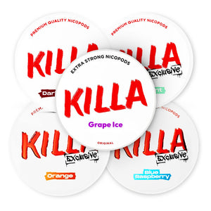 Killa Power Fruit Mix Bundle (20-Pack) featuring Dark Cherry, Blue Raspberry, Grape Ice, Green Mint, and Orange flavors in circular tins.