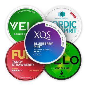 Mint & Berry Chill Mix Bundle (10-Pack) with VELO, XQS, FUMI, and Nordic Spirit nicotine pouches in spearmint, lime, and berry flavors.