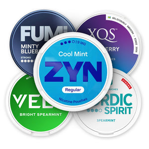 Mint Chill Freshness Bundle (20-Pack) featuring VELO, XQS, FUMI, ZYN, and Nordic Spirit pouches with spearmint and blueberry flavors.