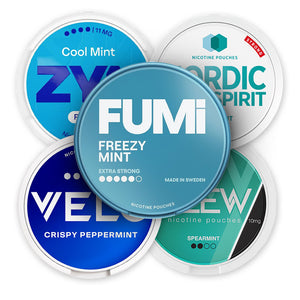 Mint Intense Power Pack Bundle (20-Pack) featuring ZYN, VELO, Nordic Spirit, FUMI, and Clew mint flavored nicotine pouches.