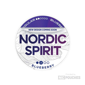 Nordic Spirit Blueberry nicotine pouches with sweet blueberry taste in sleek packaging.