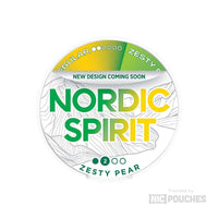 Nordic Spirit Zesty Pear nicotine pouches with a new design, offering a zesty and refreshing pear flavor in a sleek tin.