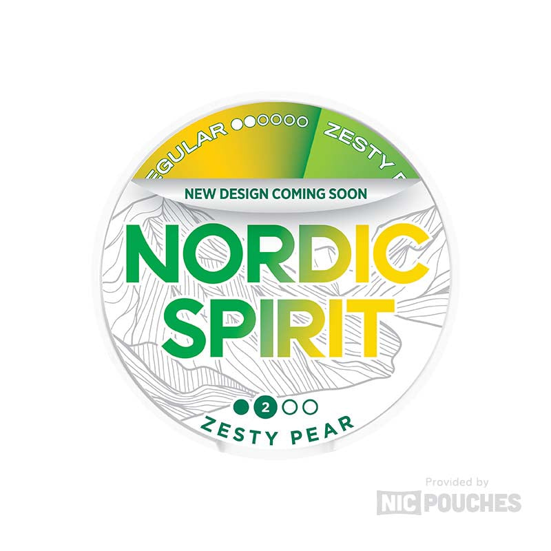 Nordic Spirit Zesty Pear nicotine pouches with a new design, offering a zesty and refreshing pear flavor in a sleek tin.