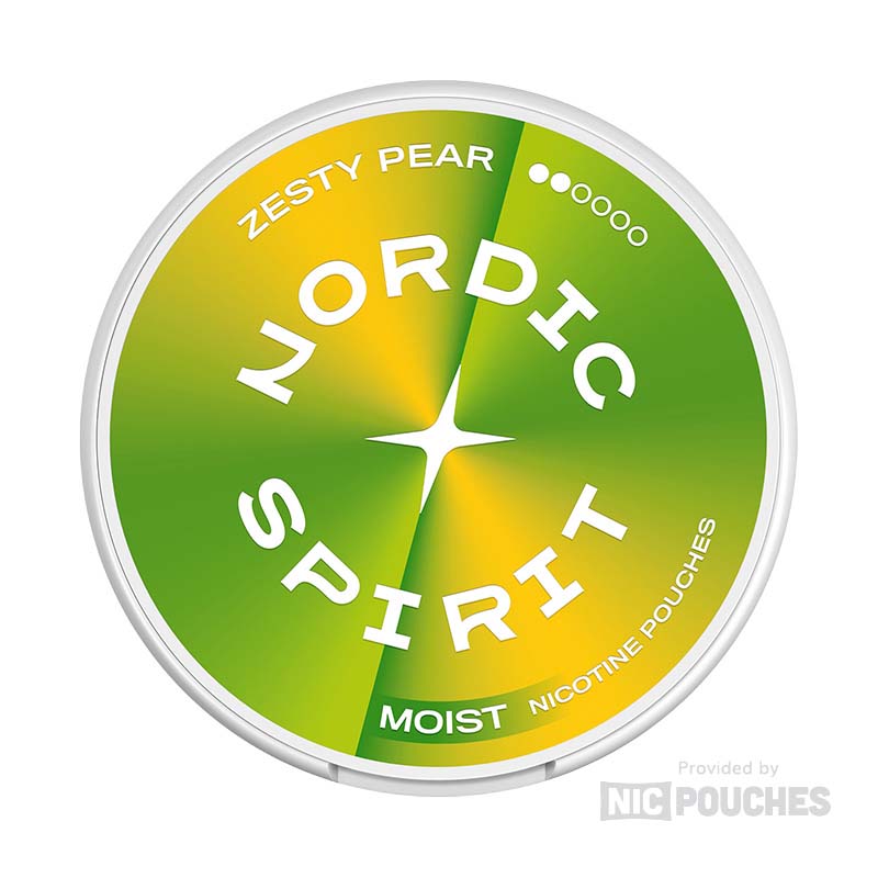 Nordic Spirit Zesty Pear nicotine pouch with a vibrant green design featuring Zesty Pear flavor.