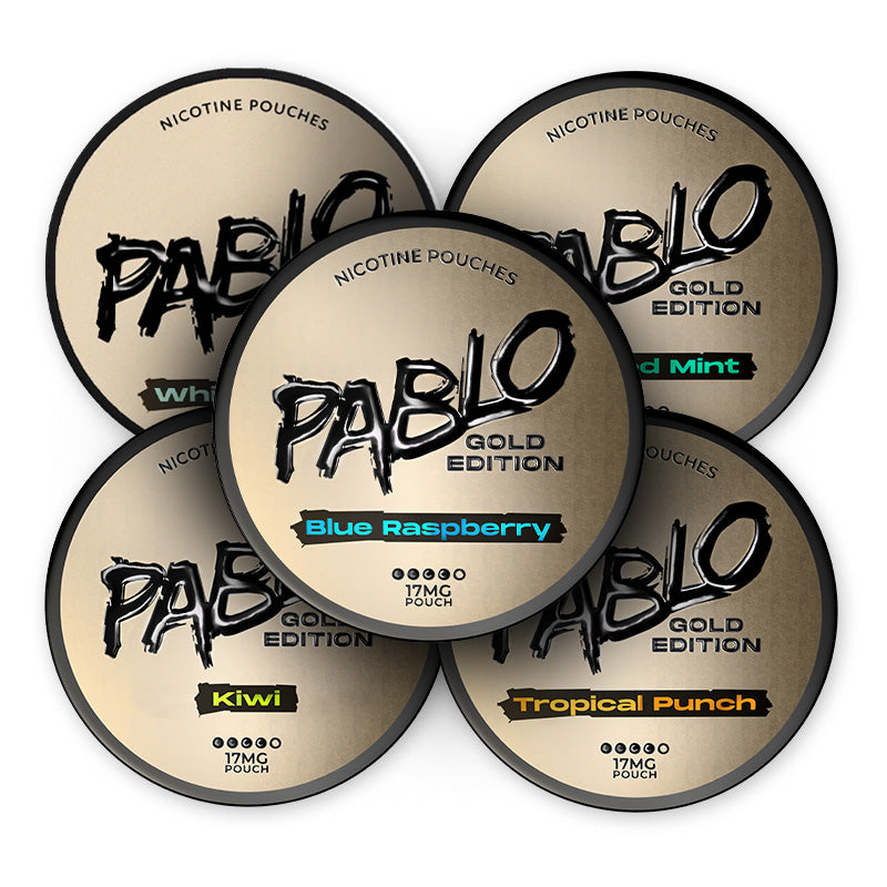 Pablo Gold Premium Fruit & Mint Collection Bundle (20-Pack) showcasing Blue Raspberry, White Mint, Tropical Punch, Kiwi, Frosted Mint.