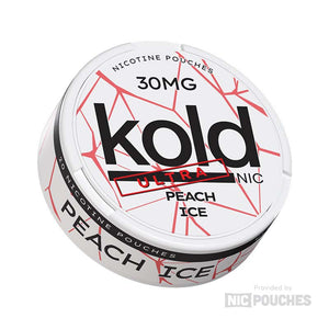 Koldnic Peach Ice nicotine pouches in 30mg strength, featuring white packaging with peach ice flavor design.
