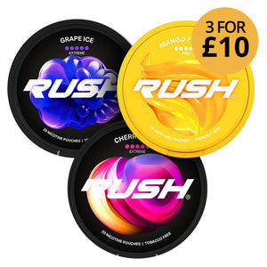 Rush Mixed Flavours (3-Pack) featuring Grape Ice, Mango Freeze, and Cherry Chill nicotine pouches