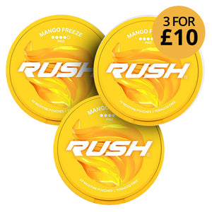 Rush Mango Freeze Pro 11mg (3-Pack) showing 3 orange containers of nicotine pouches with promotional price for enhanced freshness.